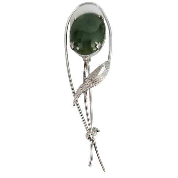Sterling Silver Jade Flower Leaf Open Brooch Pin M302